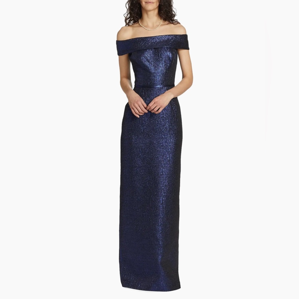 Teri Jon Off-The-Shoulder Metallic Jacquard Sapphire Gown Size 2